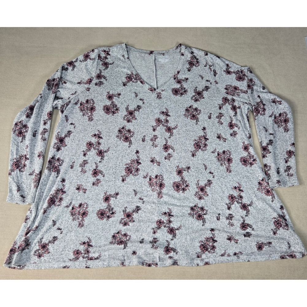 Lane Bryant Gray Floral Print Long Sleeve V Neck‎ Tunic Top Plus Size 22/24